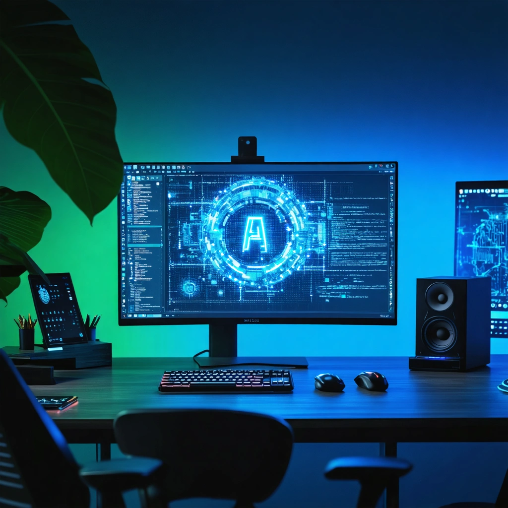 Futuristic workspace featuring AI advancements in web development