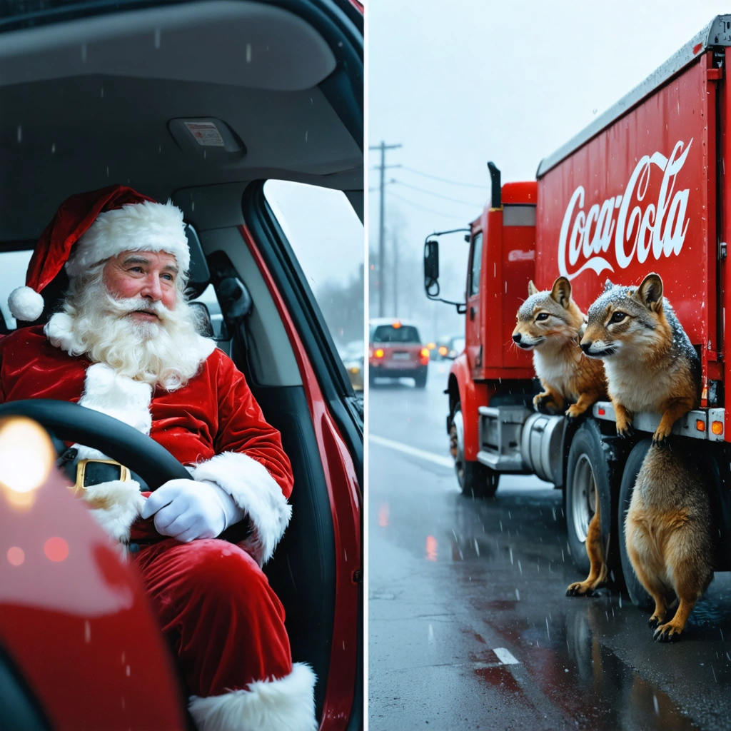A surreal split scene depicting AI-generated Christmas ads: Santa stuck in traffic and animated animals beside a Coca-Cola truck.