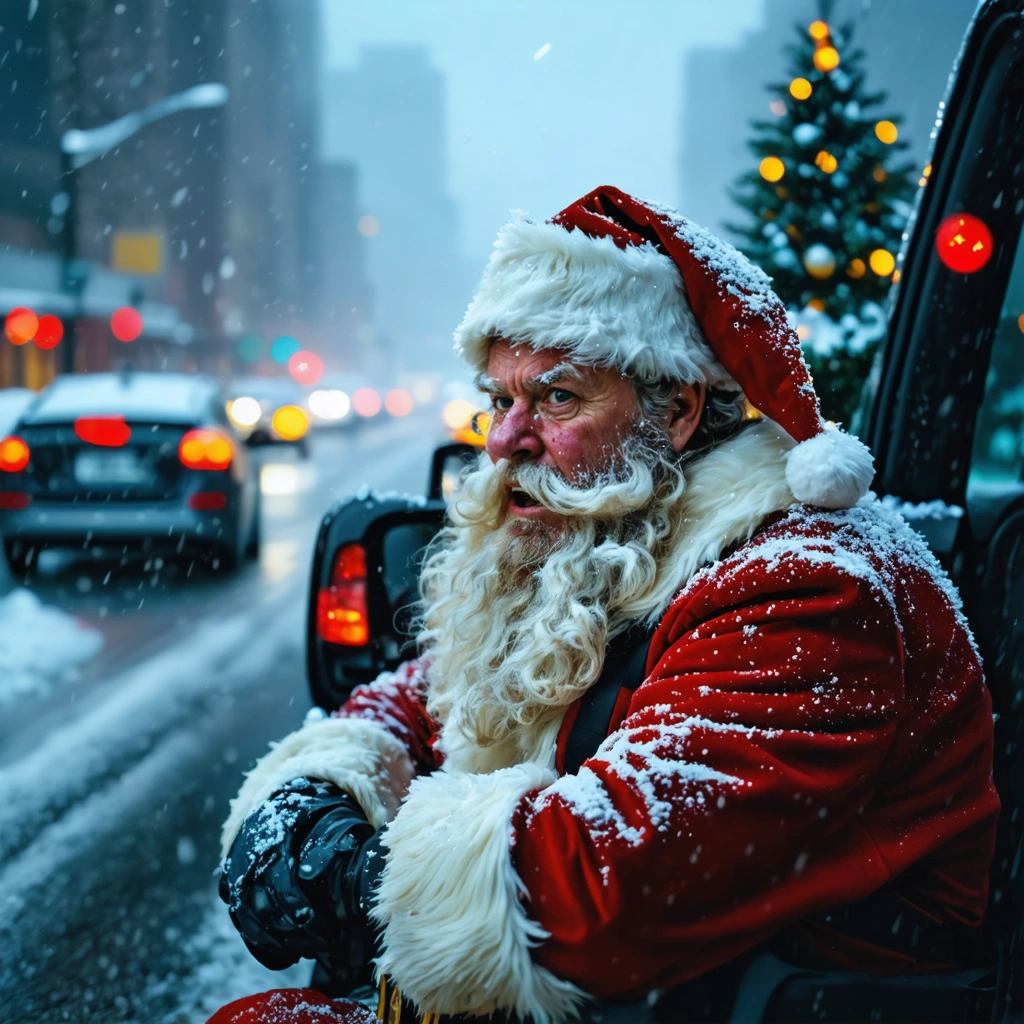 A disgruntled Santa stuck in traffic representing AI-generated advertising failures during the holiday season.