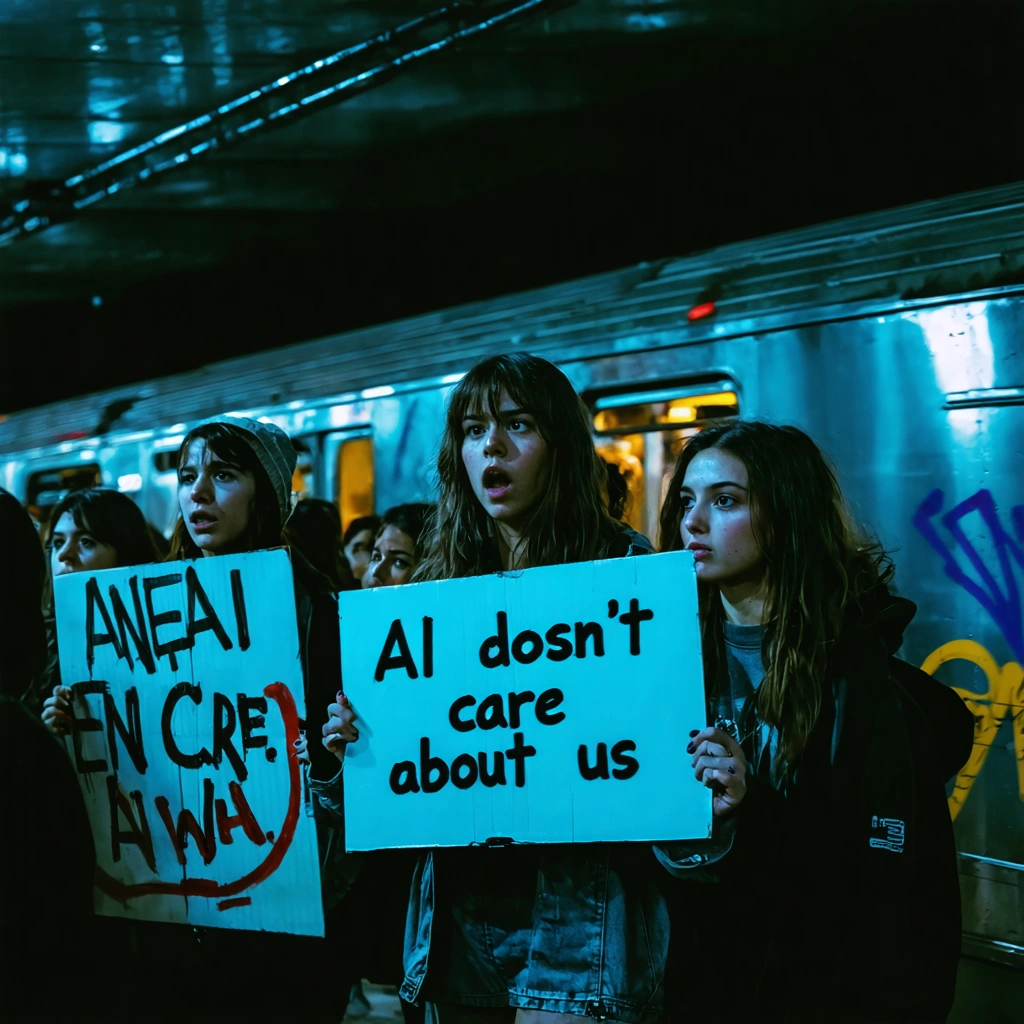 Protest against AI-generated advertisements in urban setting