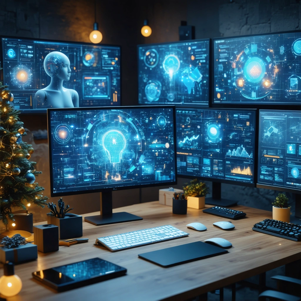 Digital marketing office showing AI-generated ad concepts and human creativity