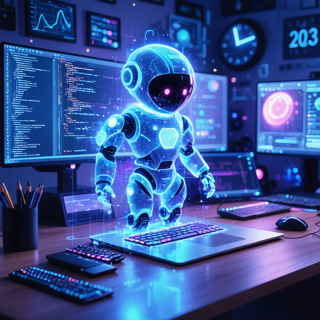 Futuristic workspace featuring an AI chatbot and coding elements, depicting the revolution in web development.