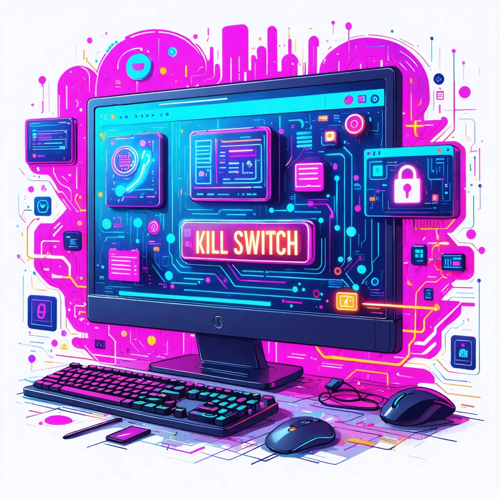 Illustration of a browser window showing AI features with a highlighted kill switch button, representing user concerns about privacy