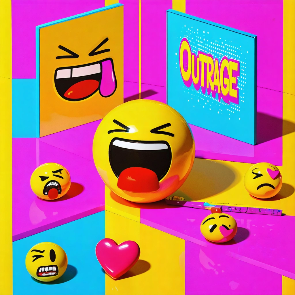 Vibrant marketing scene depicting ragebaiting tactics with digital screens and expressive emojis.
