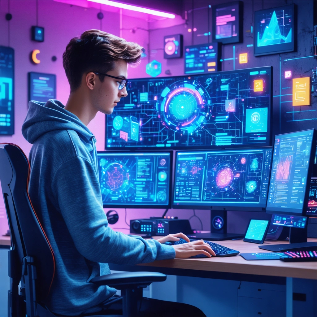 A young developer using AI-powered web development tools in a modern workspace.