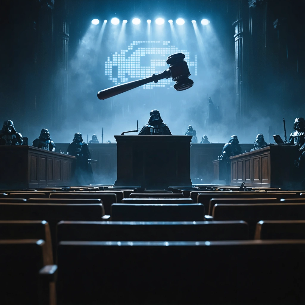 Courtroom drama illustrating Disney confronting Google over AI copyright issues with iconic characters.