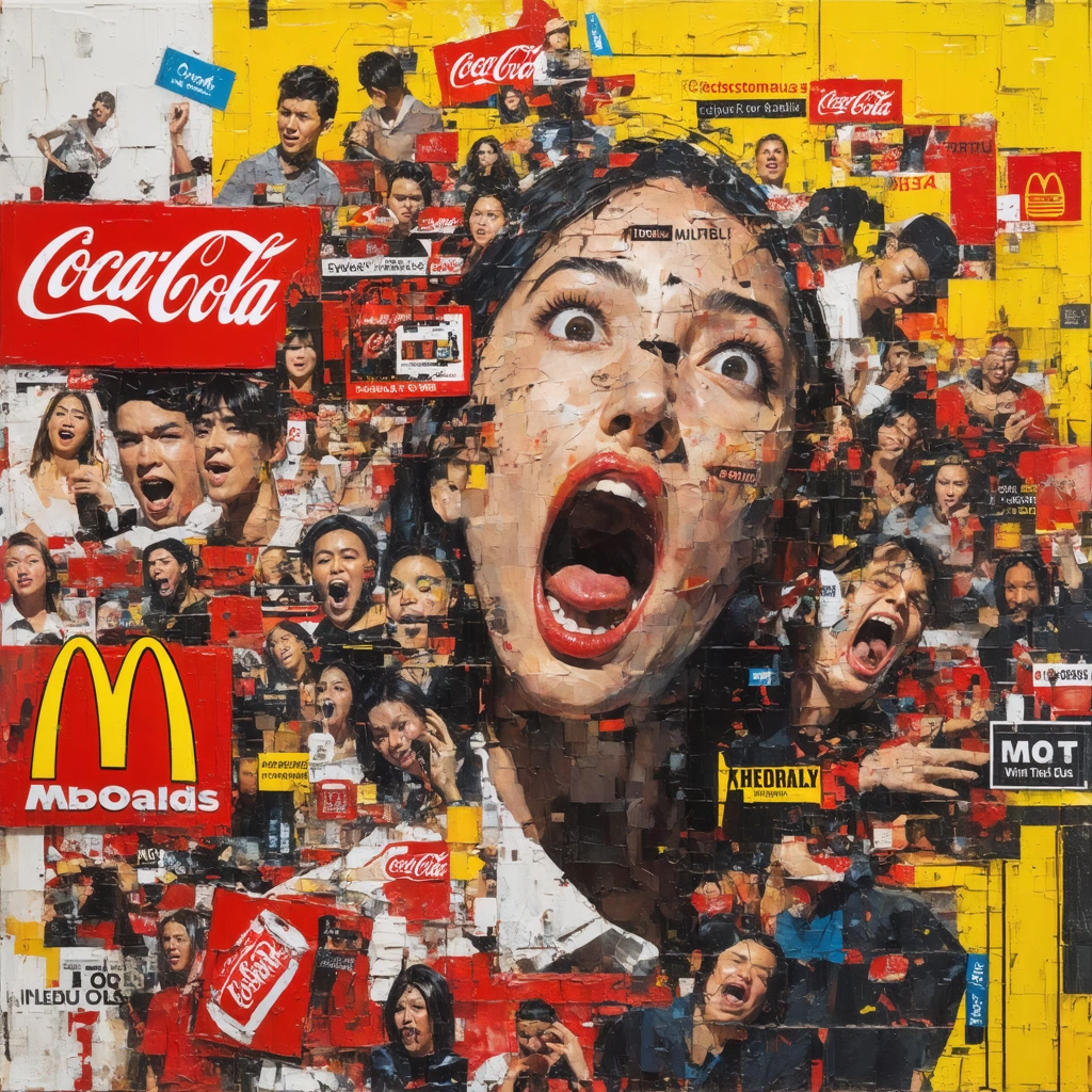 Illustration of chaotic AI-generated advertising scene with Coca-Cola and McDonald's brand logos.