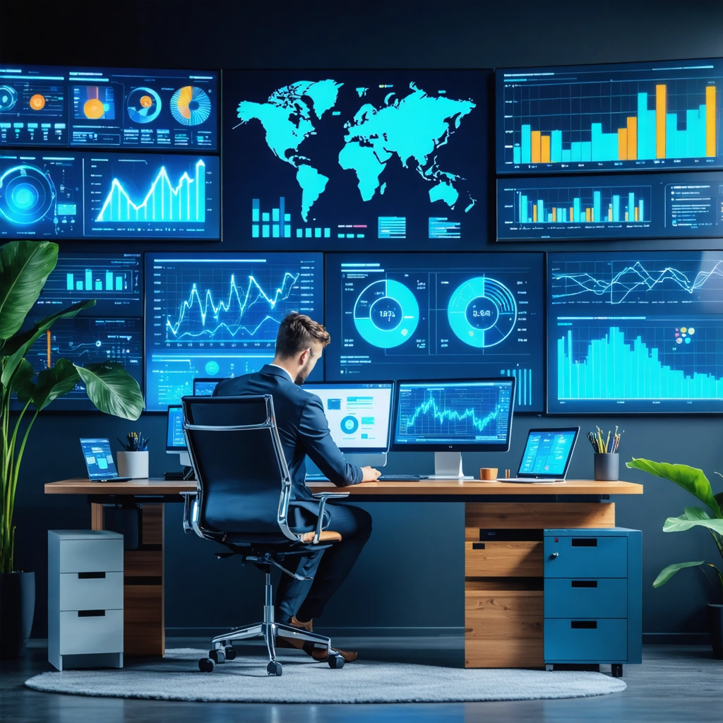 A marketer examining the impact of AI-generated content on consumer trust in a high-tech office environment.