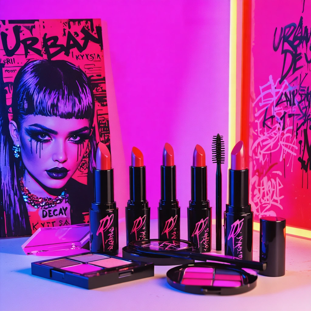 Urban Decay makeup products showcased in a vibrant urban background featuring Ari Kytsya.